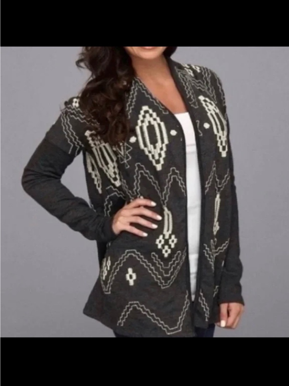 Lucky Bliss Size M Open Cardigan Western Aztec Embroidered Sweater
Charcoal Gray